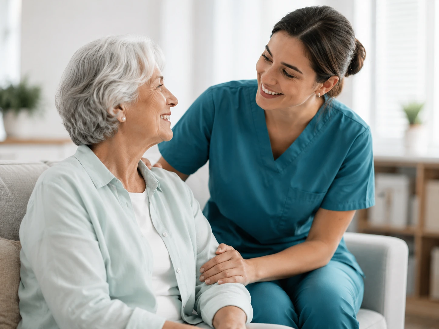 Pflegekraft im persönlichen Gespräch mit einer Seniorin